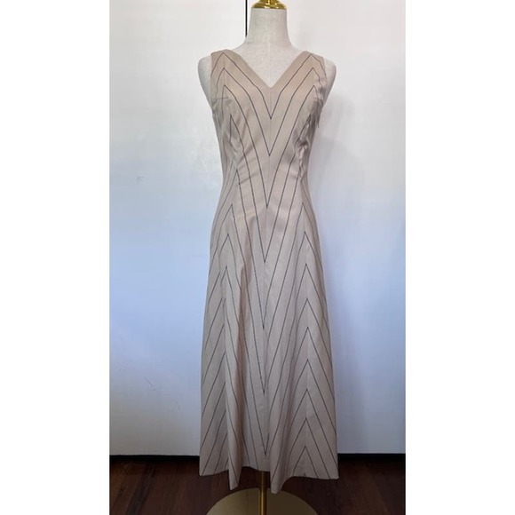 VINTAGE Rare Y2K 2001 MIGUEL ADROVER Striped Creme Navy Dress US 8 - Picture 5 of 12